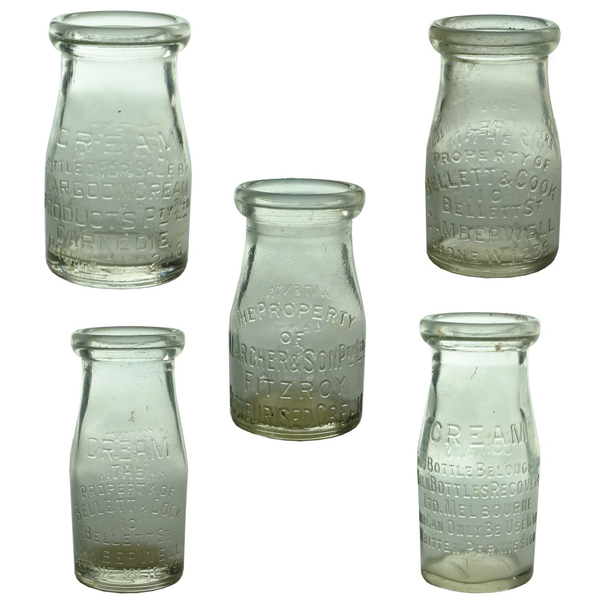 5 x 4 oz to 1/4 Pint Cream bottles: Nargoon, Carnegie; Larcher, Fitzroy; 2 different Bellett & Cook, Camberwell; Milk Bottles Recovery. (Victoria)