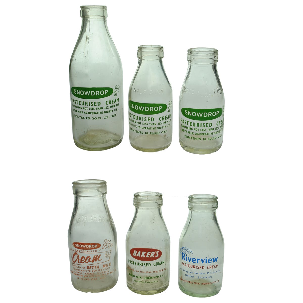 6 Ceramic Label Tasmanian Milk or Cream bottles: Snowdrop, Betta, Baker's Hobart, Burnie. (Tasmania)