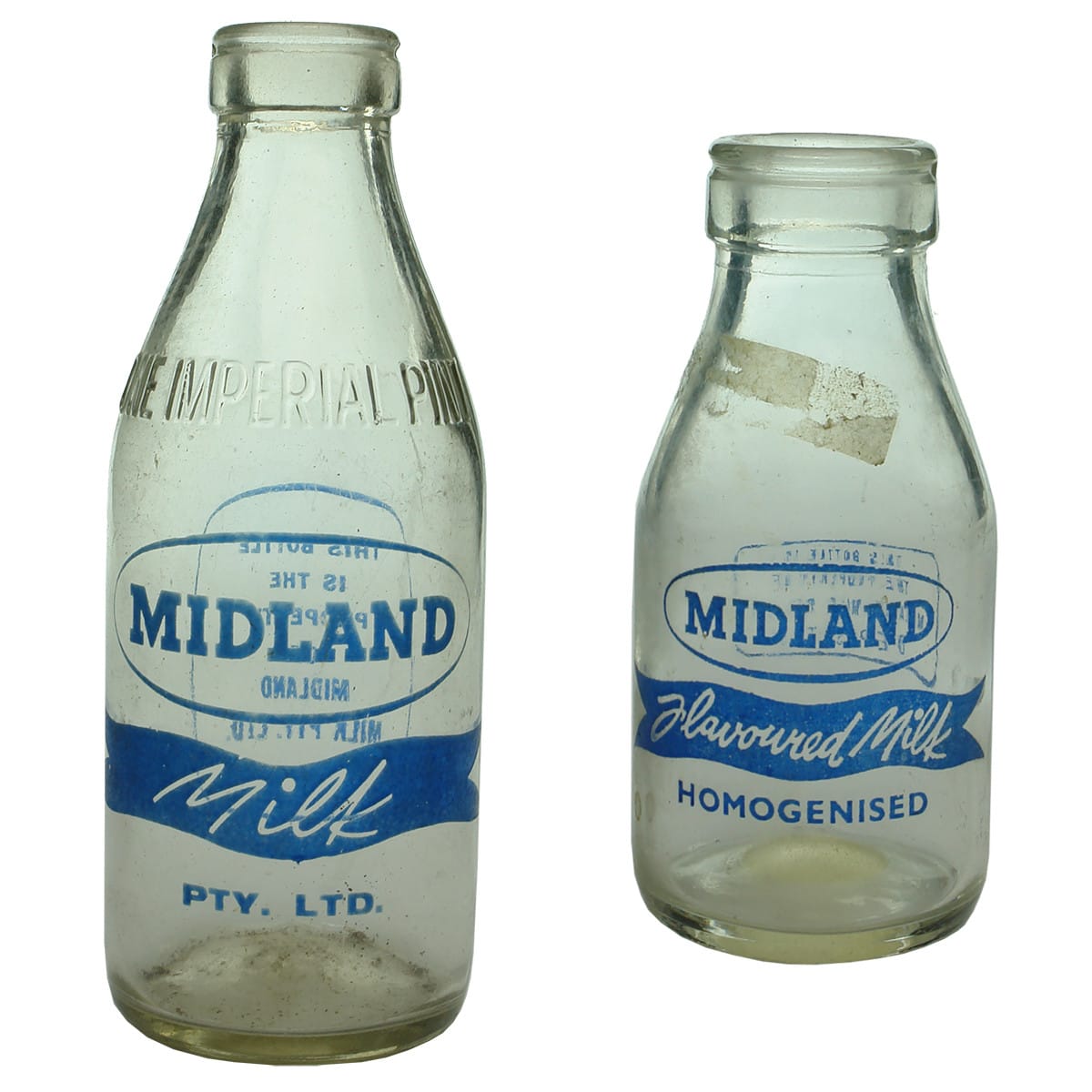 2 different Midland Milk Pty Ltd bottles. Pint and Half Pint. Ceramic Label. (Victoria)