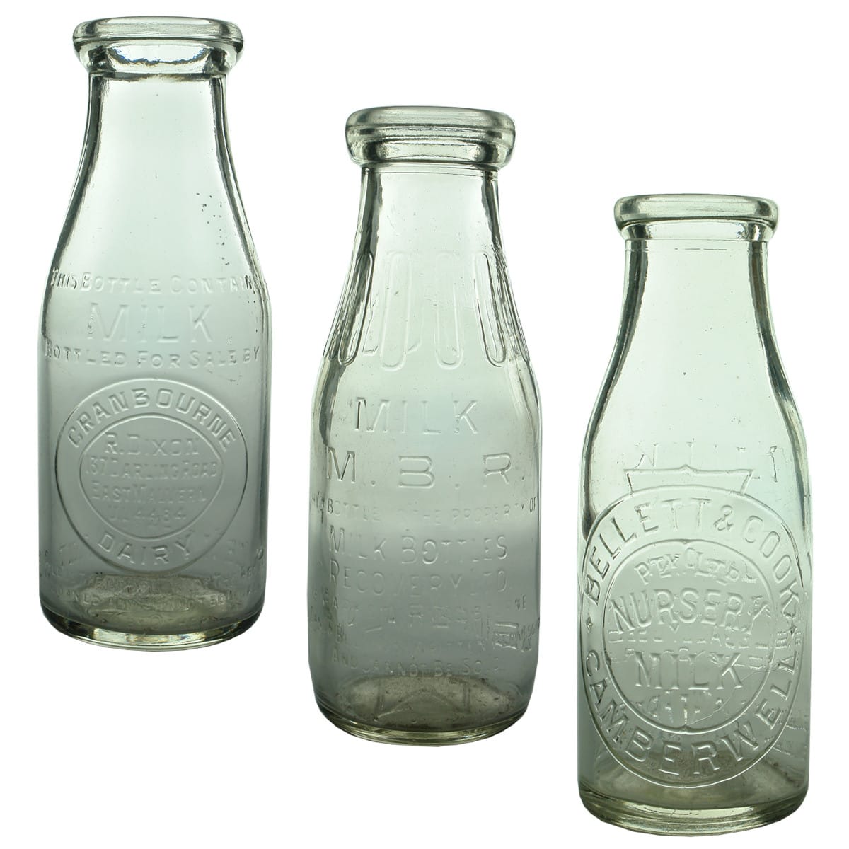 3 Pint Milk Bottles. R. Dixon, Cranbourne Dairy, Darling Road, East Malvern; MBR; Bellett & Cook Camberwell. (Victoria)