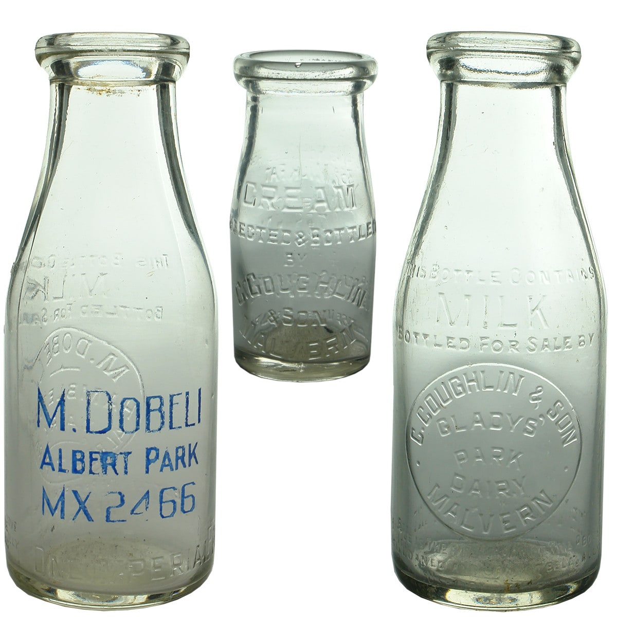 3 Bottles. 2 Milks and a Cream: M. Dobeli, Albert Park; C. Coughlin & Son, Malvern. Pints. C. Coughlin 1/4 Pint. (Victoria)