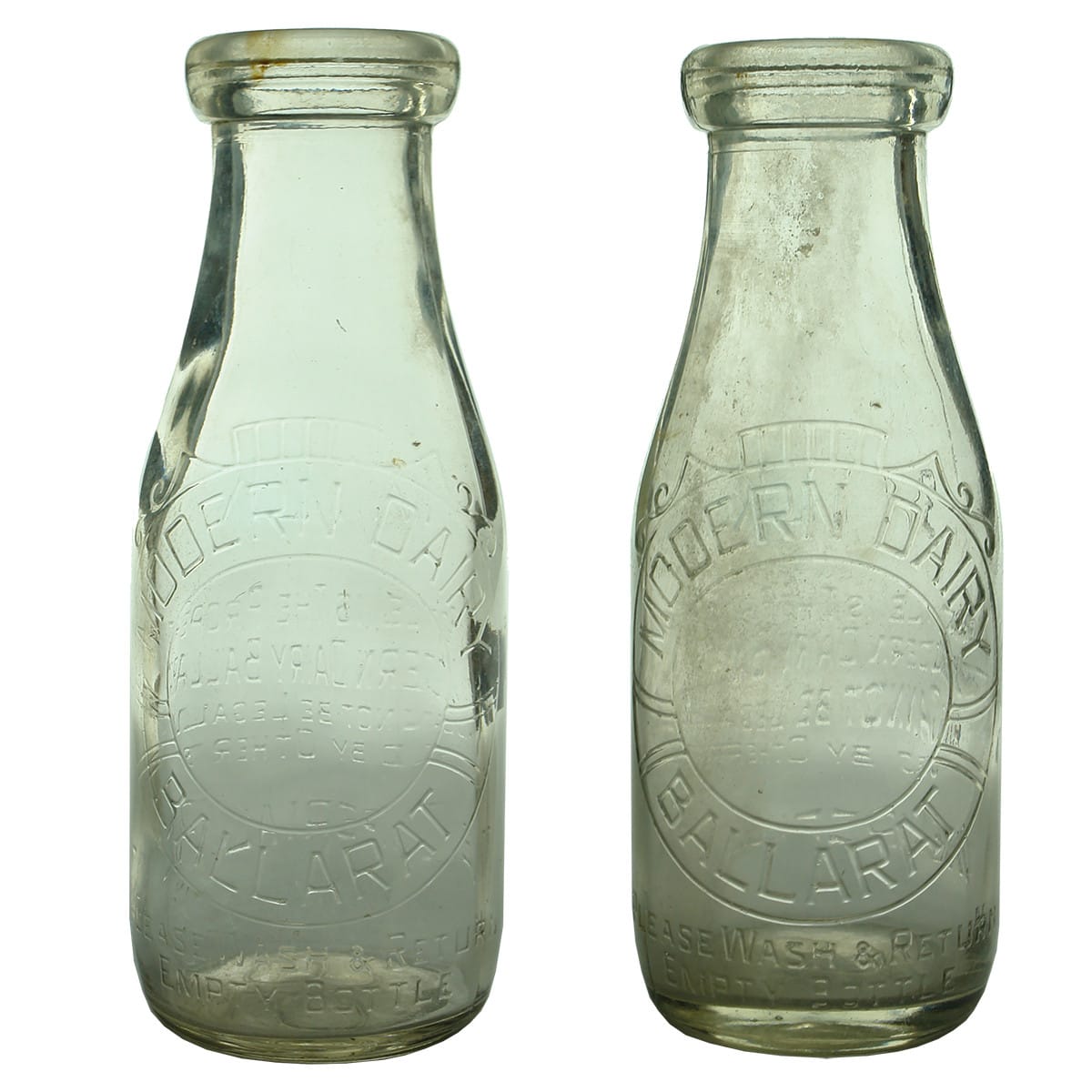 2 Milk Bottles. Both Modern Dairy Ballarat. Fancy Badge. Base: 295. (Victoria)