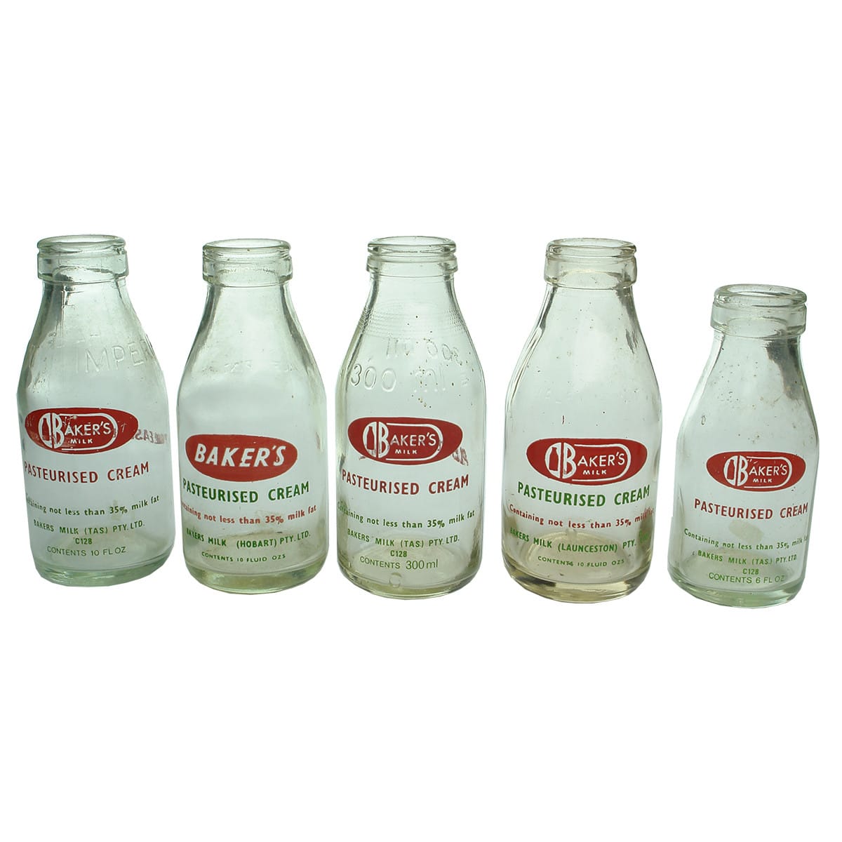 Milk. Five different Baker's Pasteurised Cream Bottles, Hobart and Launceston. Ceramic Label. (Tasmania)