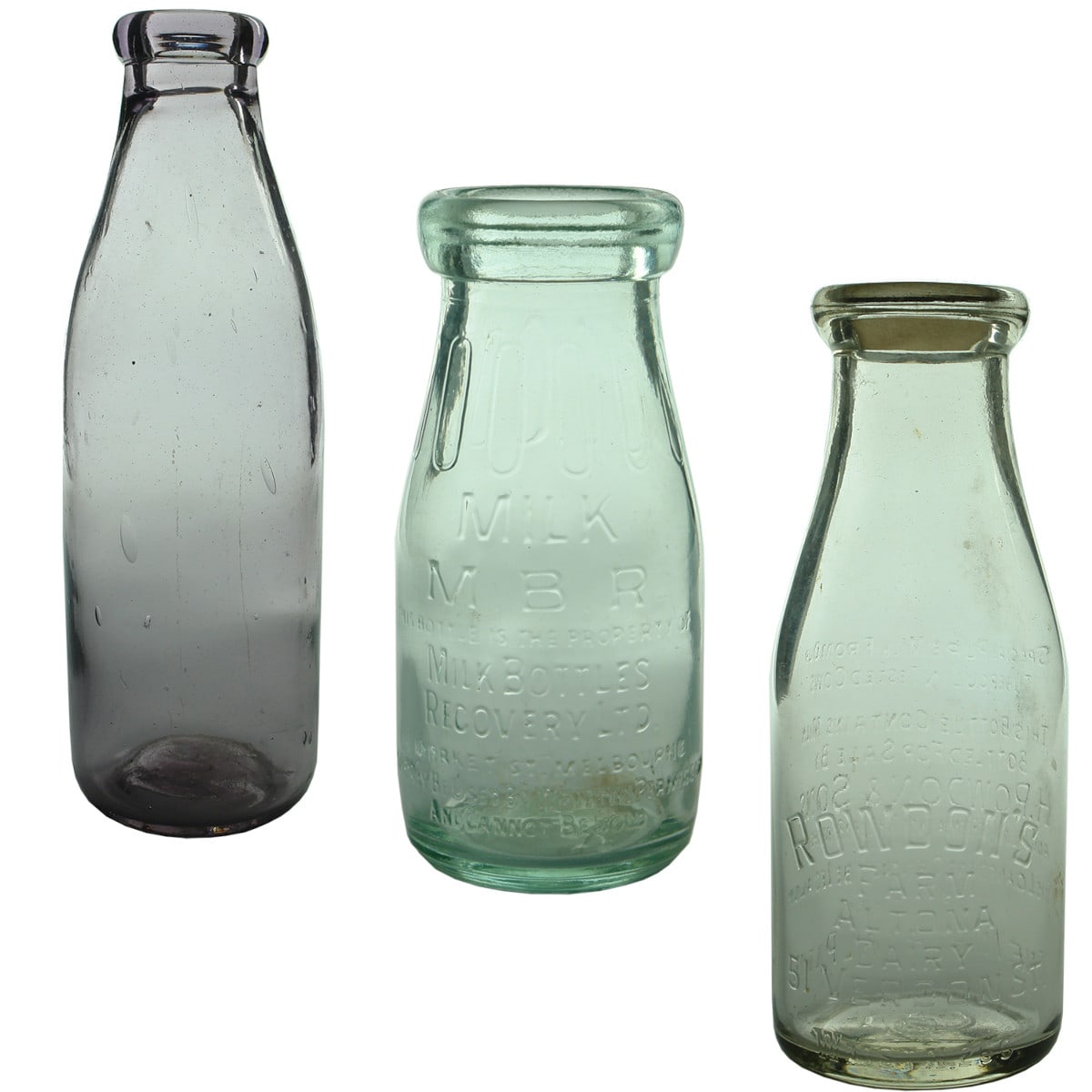 Dairy. Milks Bottles: Plain amethyst quart; M. B. R. aqua half pint; Rowdon's Farm Altona Dairy, clear 1 pint. (Victoria)