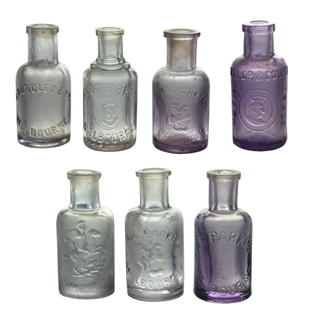 7 Amethyst Essence/Perfume Bottles: Hoadley; Blogg Bros; Taylor & Colledge; 4 x different Parkin Melbourne, North Carlton.