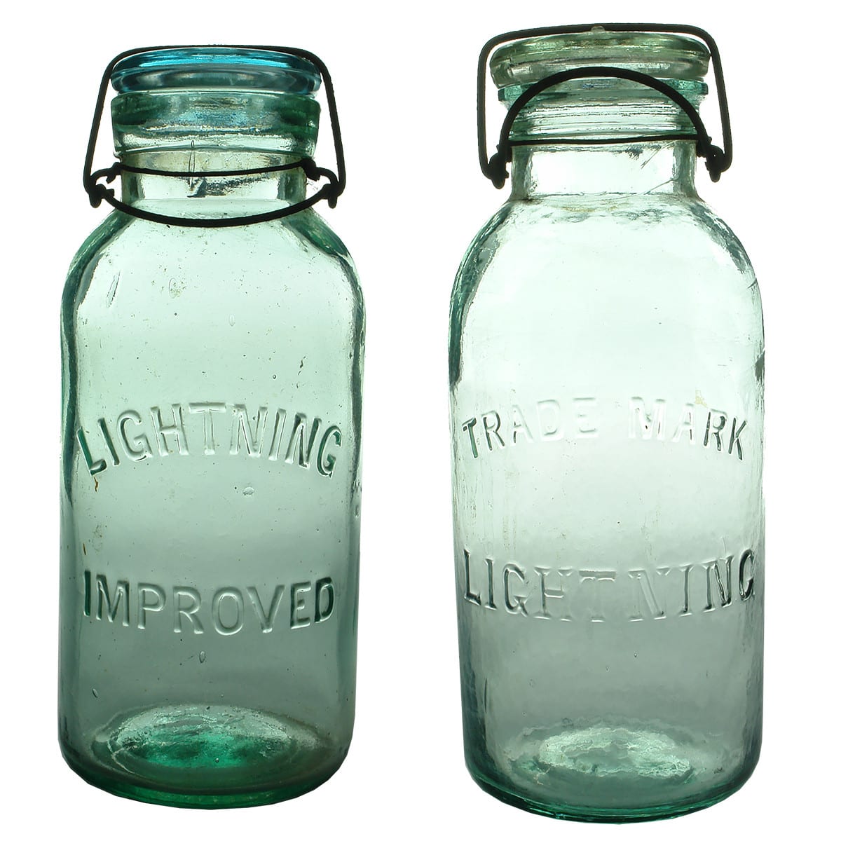 2 different Half Gallon Lightning Jars: Lightning Improved and Trade Mark Lightning with M base. (Australia)