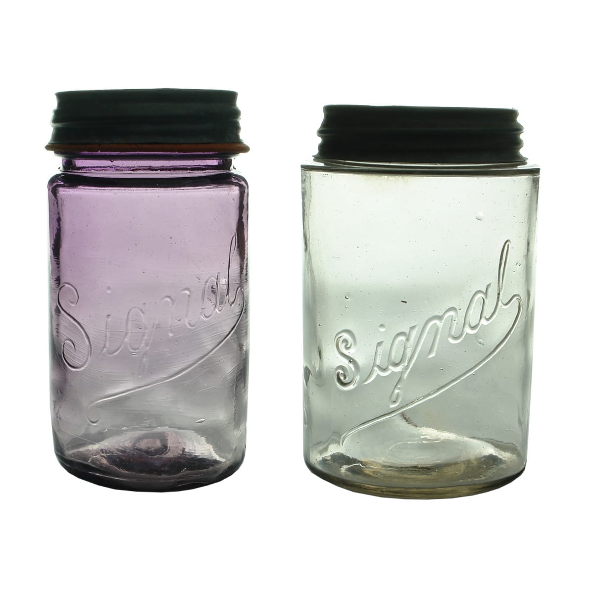 2 Fruit Jars. Signal Quarts. Taller with sealing ring and squat shoulder seal. Sun Coloured Amethyst & Clear. (Victoria)