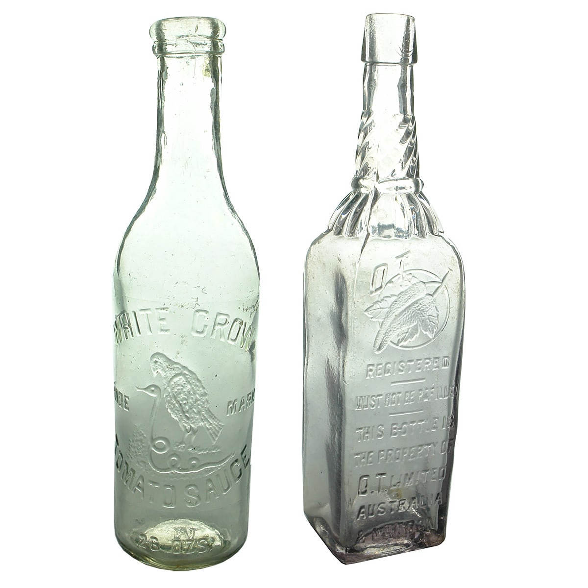 Household. 1. White Crow. Clear. 26 oz. 2. O. T. Cordial. Amethyst. 26 oz. (Victoria)