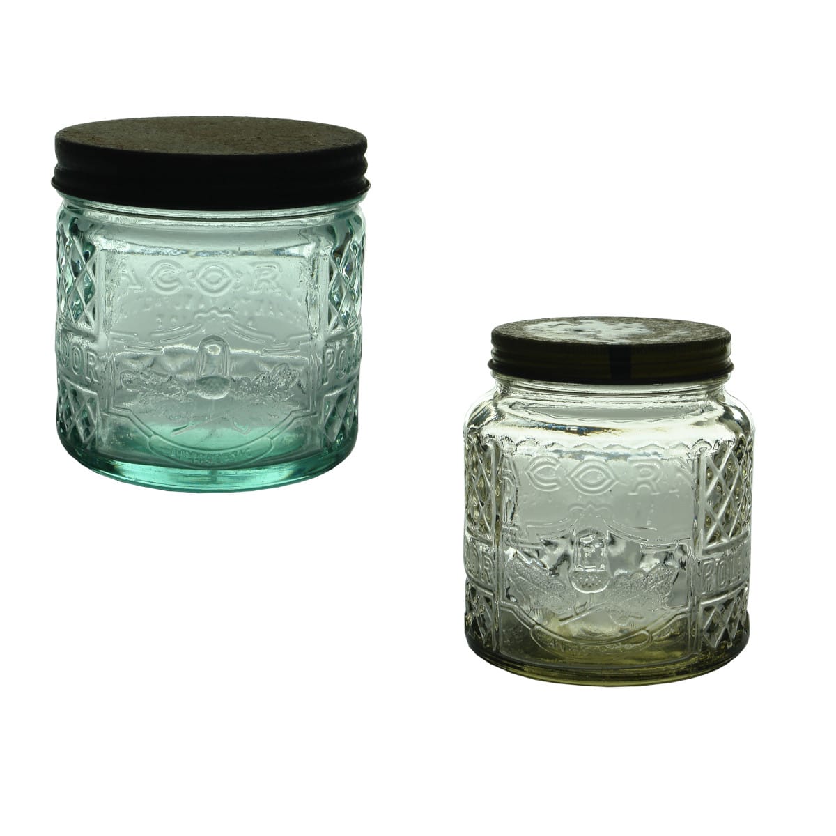 2 Floor Polish Jars. Both Julius Cohn & Co Merchants and Manufacturers Adelaide. Aqua & Clear. Different shapes. (South Australia)