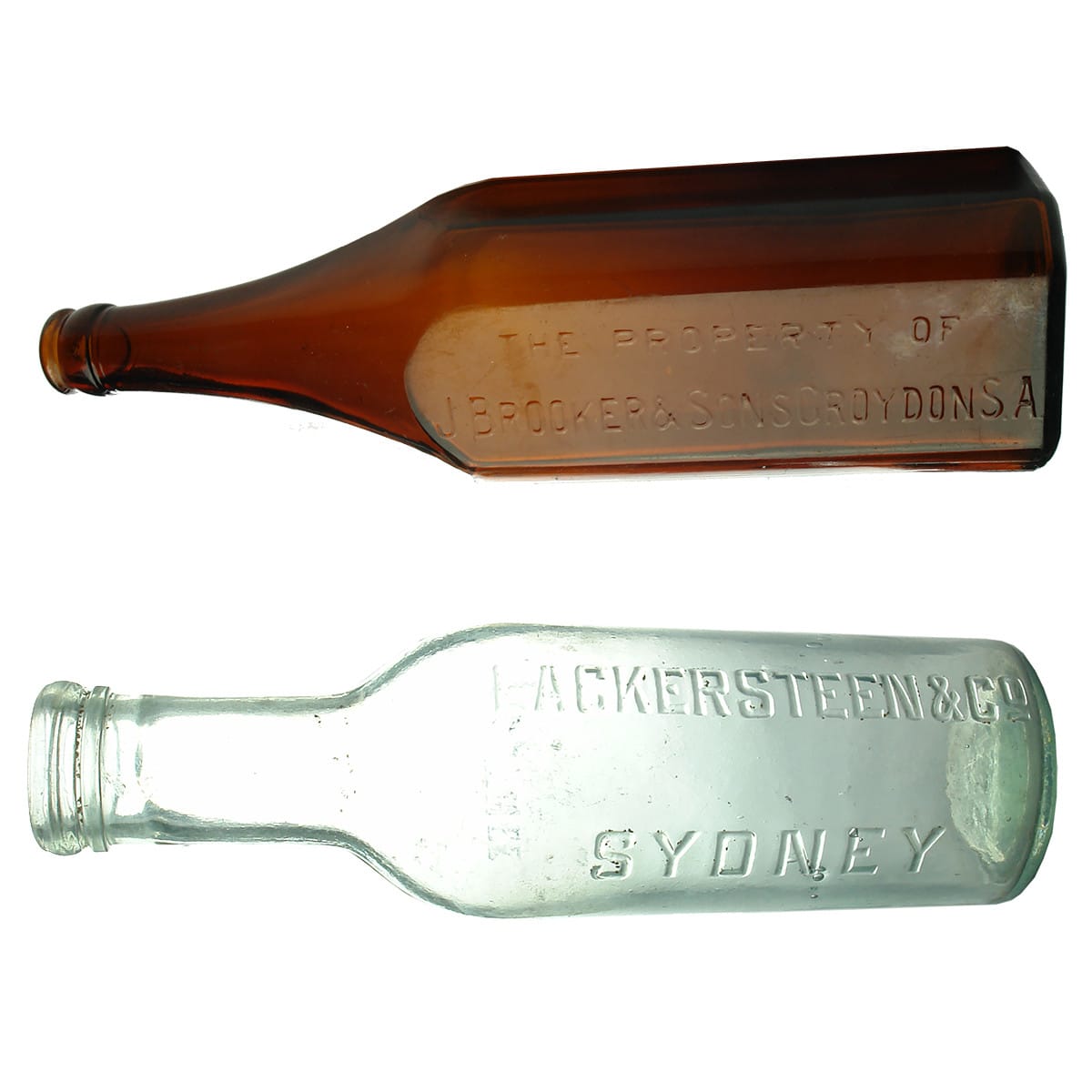 2 Household bottles: J. Brooker & Sons Croydon Amber square crown seal and Lackersteen & Co Chutnee Sydney. (South Australia & New South Wales)