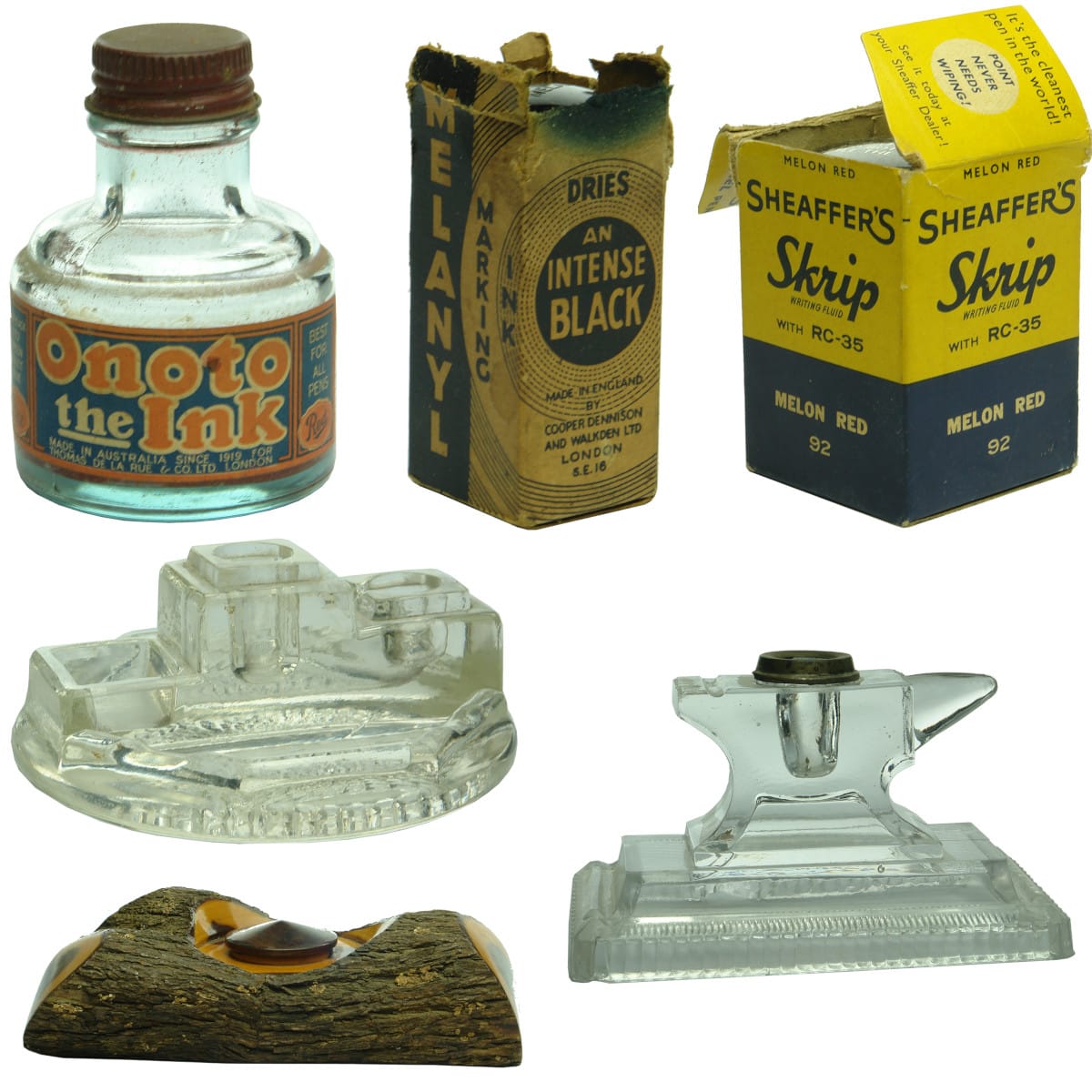 6 Inks and/or inkwells: Onoto Ink; Cooper Dennison and Walkden Ltd; Sheaffer's; Flat Round inkwell; Anvil shaped; Crown Mulga.