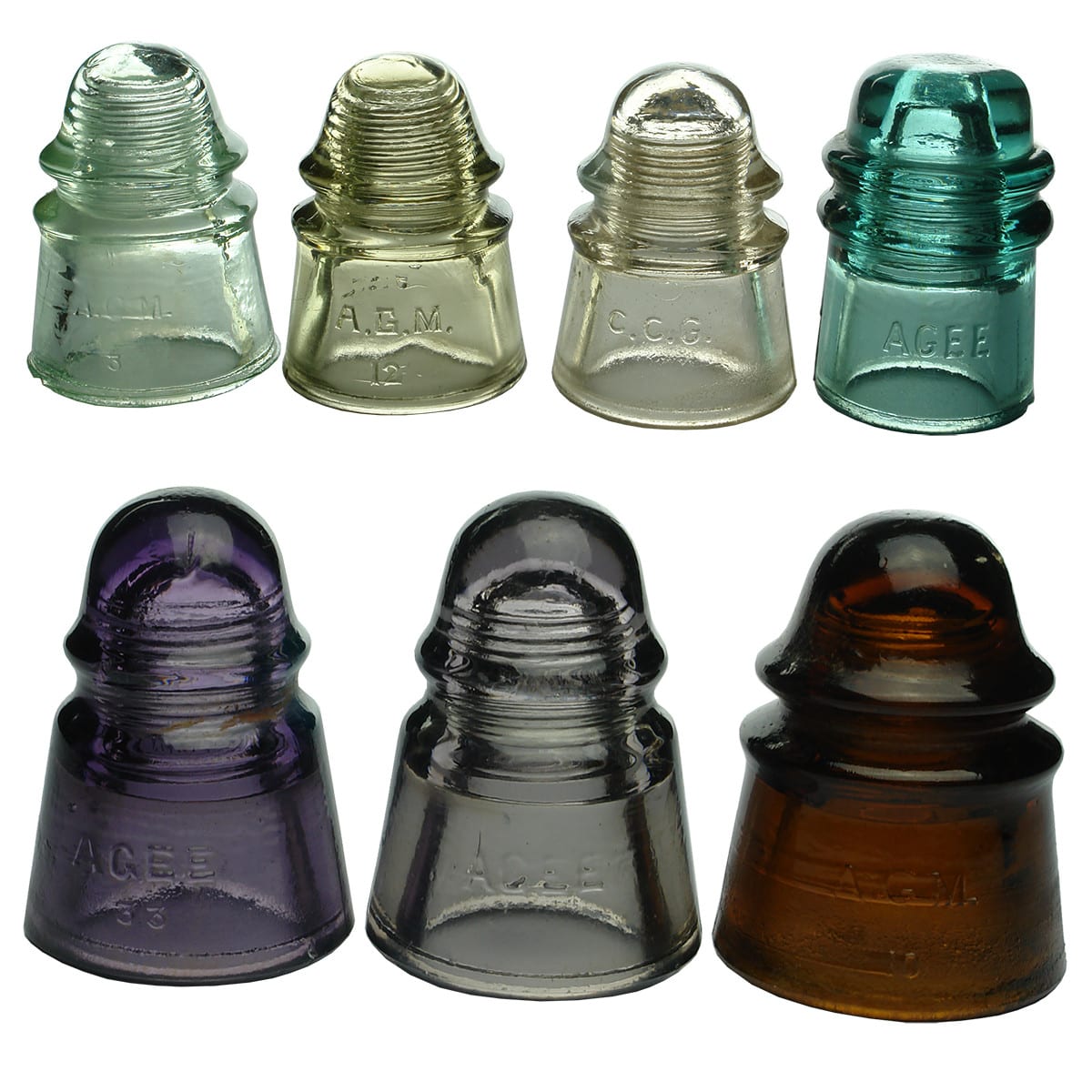 7 Different Agee; AGM & CCG glass Insulators. Range of Colours.