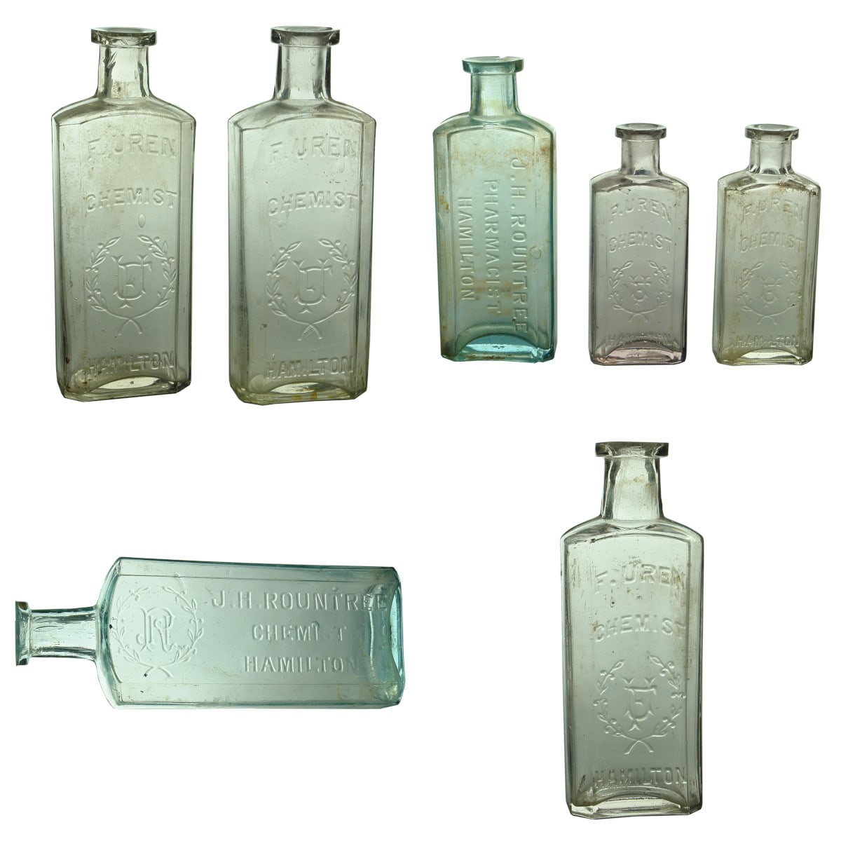 7 Chemist Bottles from Hamilton. 4 x F. Uren. 2 x J. H. Rountree. (Victoria)