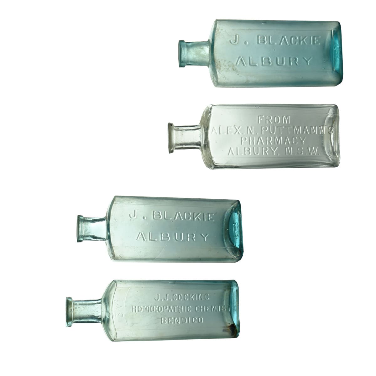 4 Chemist Bottles: J. J. Cocking, Bendigo; 2 sizes of J. Blackie, Albury; Alex. N. Puttmann, Albury. (Victoria & New South Wales)