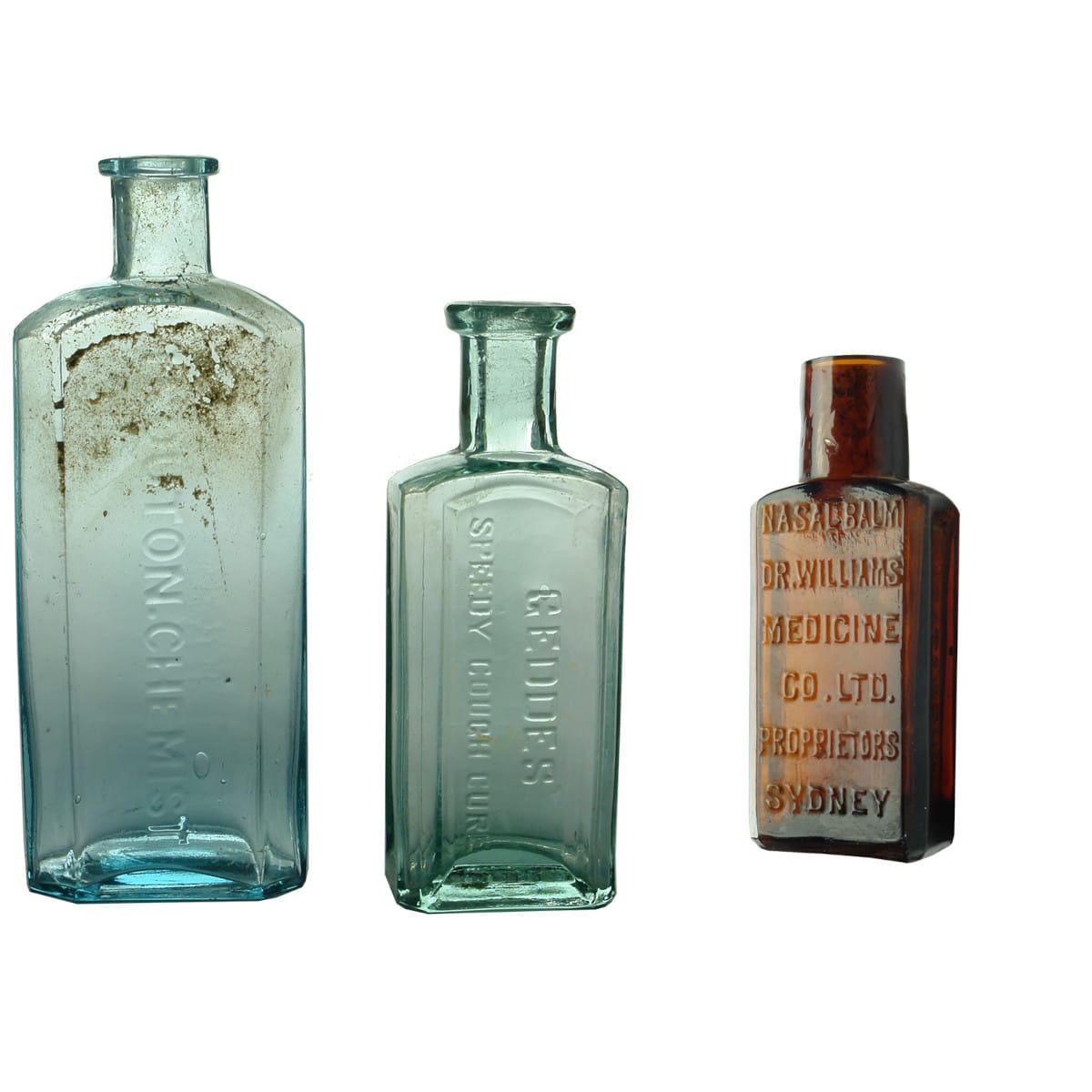 3 Chemist Bottles: Trouton 165 mm and Geddes' Speedy Cough Cure 134 mm. (Brisbane, Queensland); Dr Williams Nasal Balm Sydney.