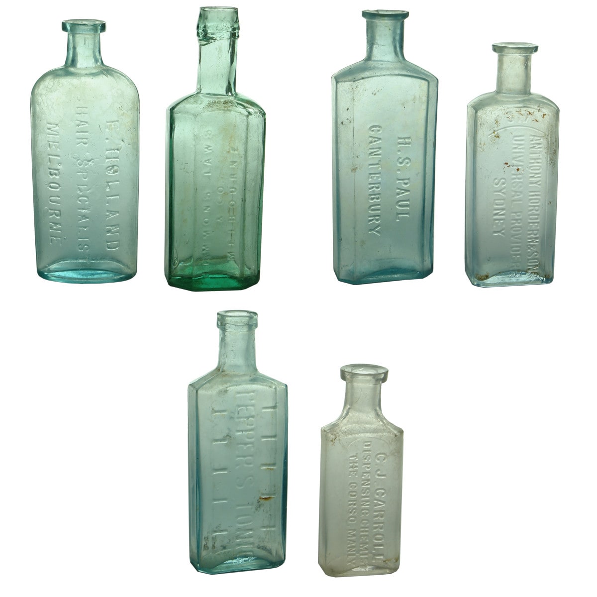 6 Chemist type bottles. Hemmons Laws Melbourne. E. Holland. H. S. Paul Canterbury. Anthony Hordern & Sons Sydney. Pepper's Tonic. C. J. Carroll Manly. (Victoria & New South Wales)