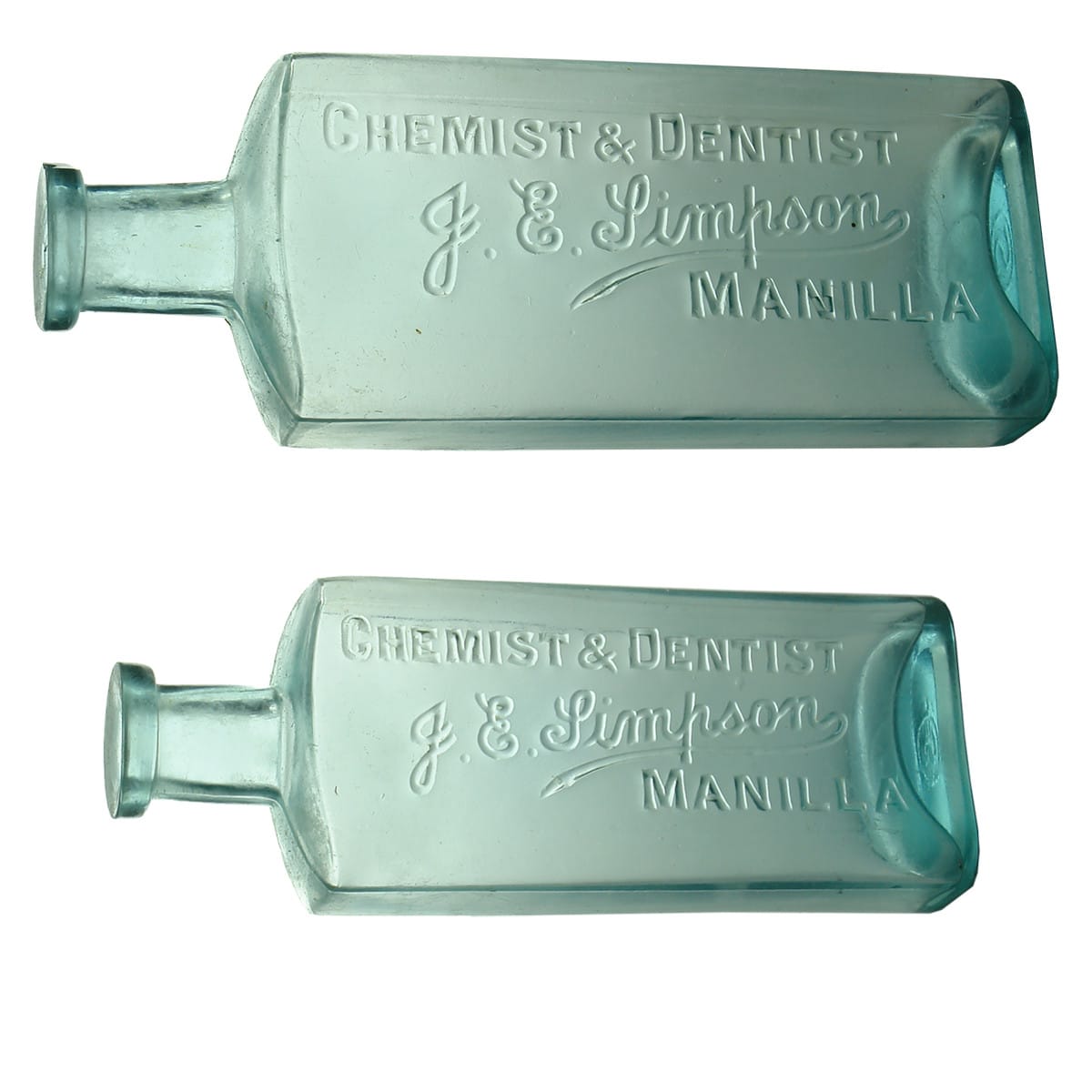 2 Chemists. Both J. E. Simpson, Chemist & Dentist, Manilla. 8 & 6 oz. 167 & 153 mm. (New South Wales)