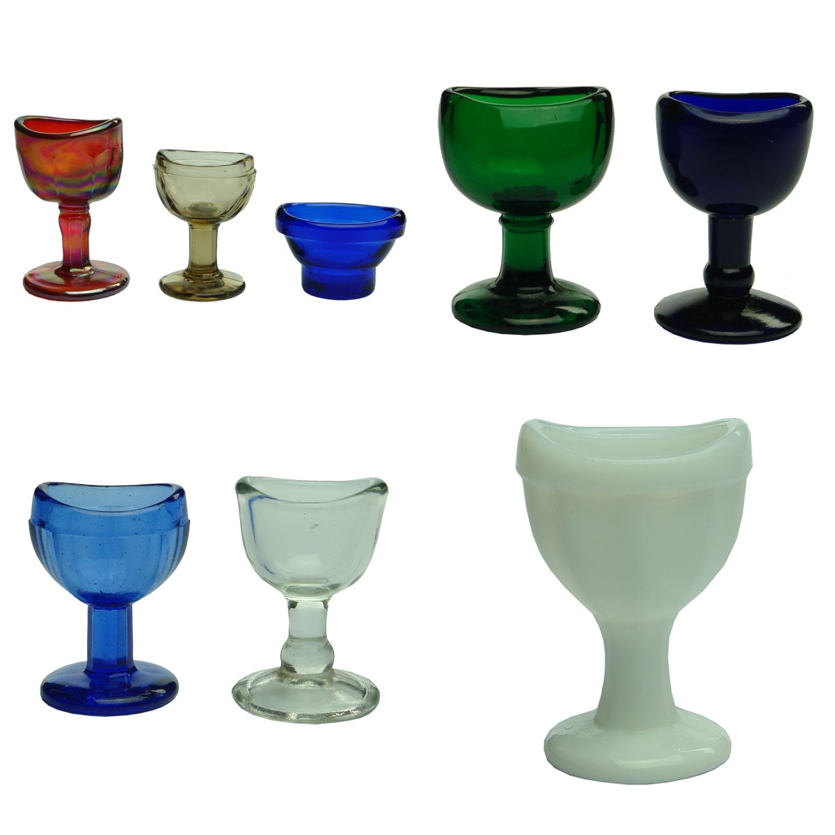 8 Eye Baths. Great lot with a range of colours. Carnival Glass; Blue; Green; Opal Glass and more.