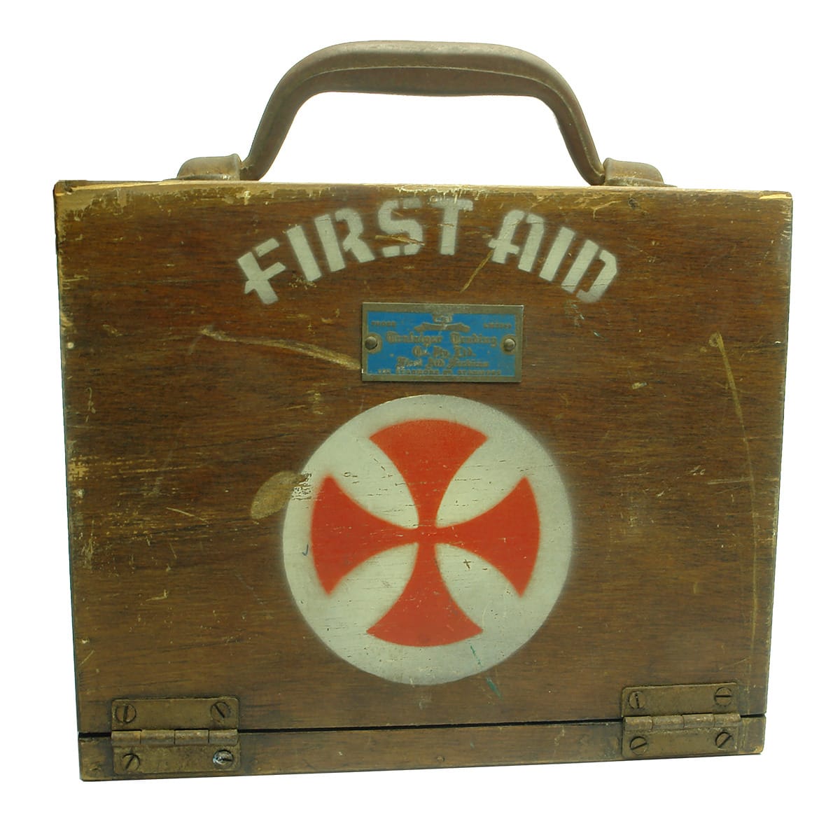 First Aid Kit. Wooden box. Contents inside including bottles, bandages, metal tools etc. Trafalgar Trading Co Pty Ltd Stanmore.