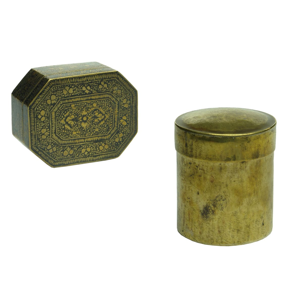 2 small brass boxes: Irregular Octagon, Intricate Decoration, very heavy and small round lidded box.