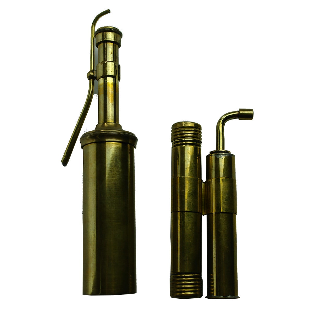 2 Brass torches. Larger one engraved Moore & Wright, Sheffield, England.