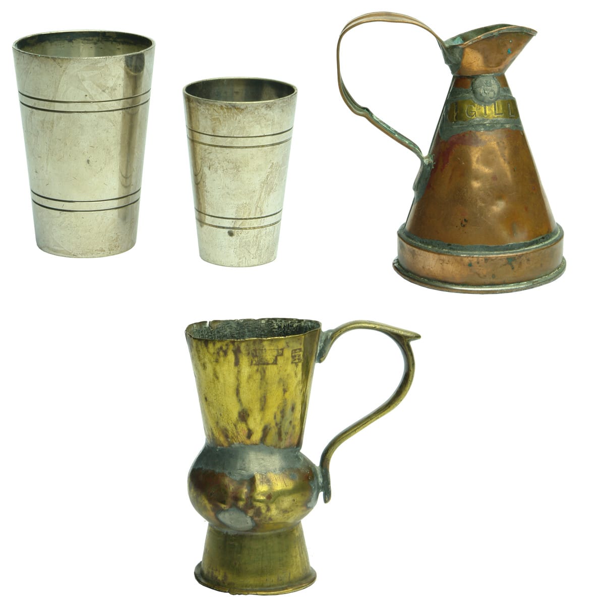 4 small measuring cups: 2 x EPNS measures; Copper jug; Brass measure.