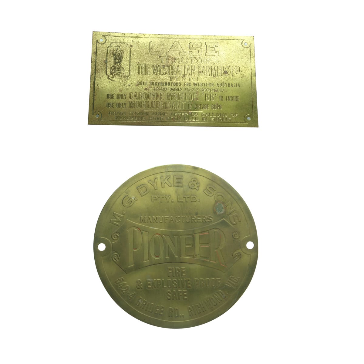 2 thin brass nameplates: Case Tractor, The Westralian Farmers Ltd Perth Sole Distributors; Pioneer Fire & Explosive Proof Safe M. G. Dyke & Sons Richmond. (Western Australia & Victoria)