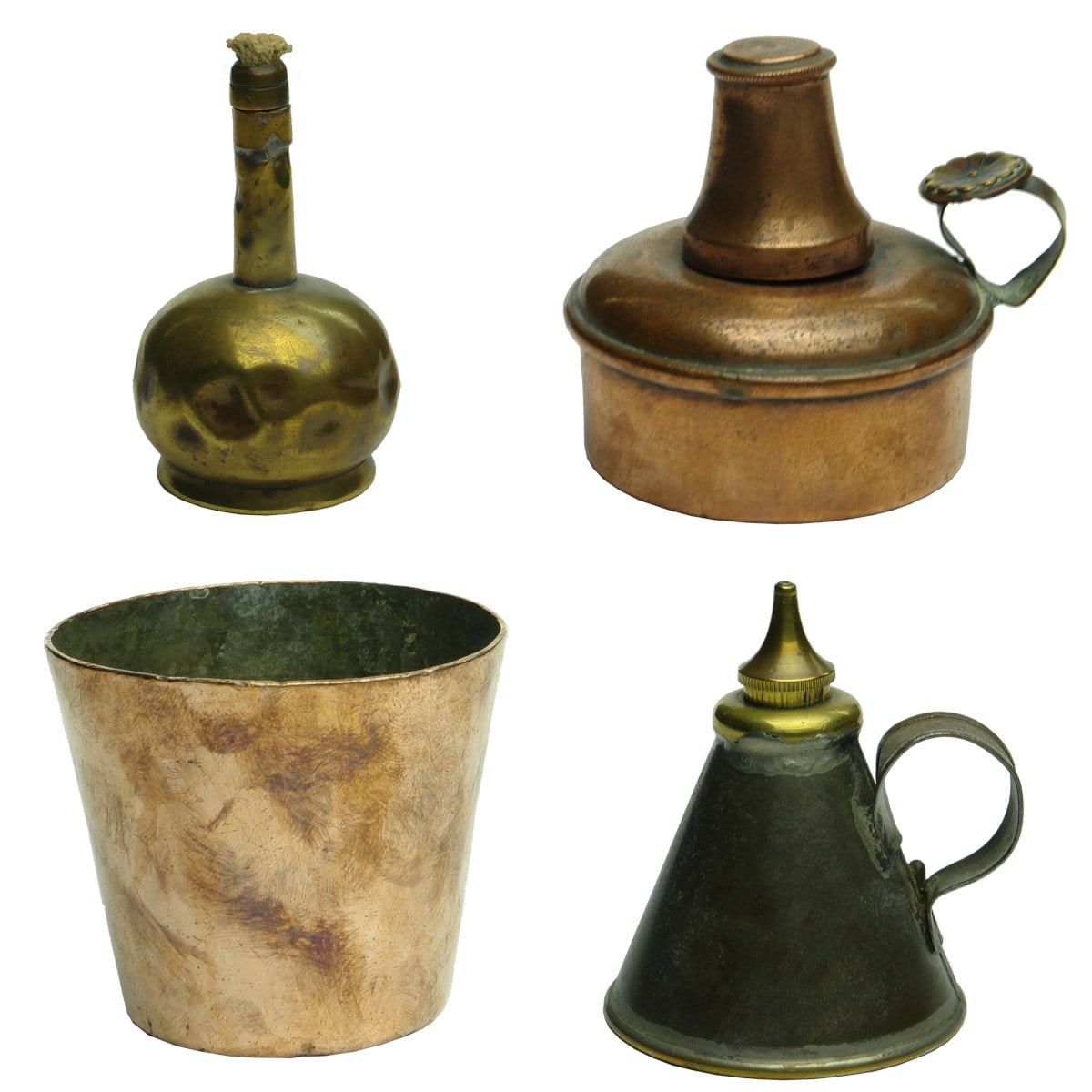 4 small Brass & Copper Pieces: Small brass lamp; Tiny Copper lamp; Small Copper cup; Small brass & tin oiler.