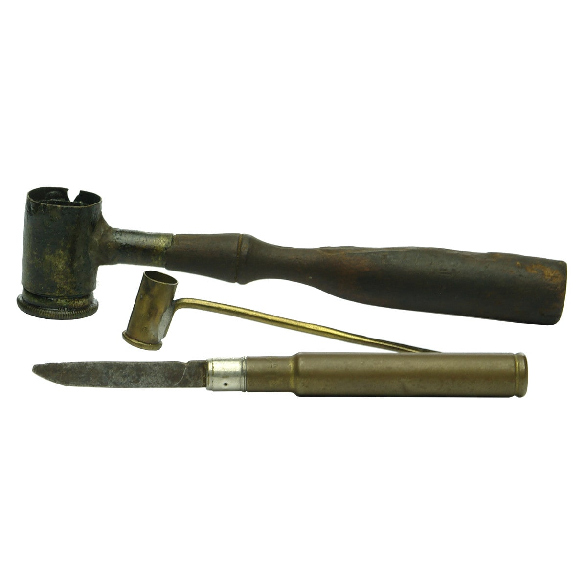 3 small metal items: Scoop with wooden handle; Small knife made with a bullet shell; Tiny scoop also made with a bullet shell.