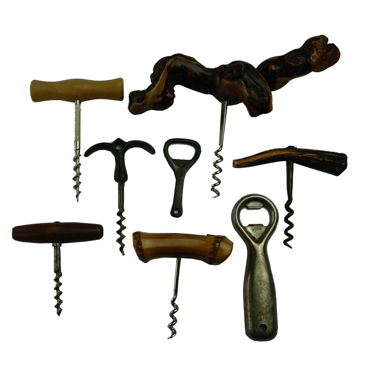 8 Corkscrews/Bottle Openers. Wooden Handles. Metal. Crown Seal Labatts. Mulga Wood.