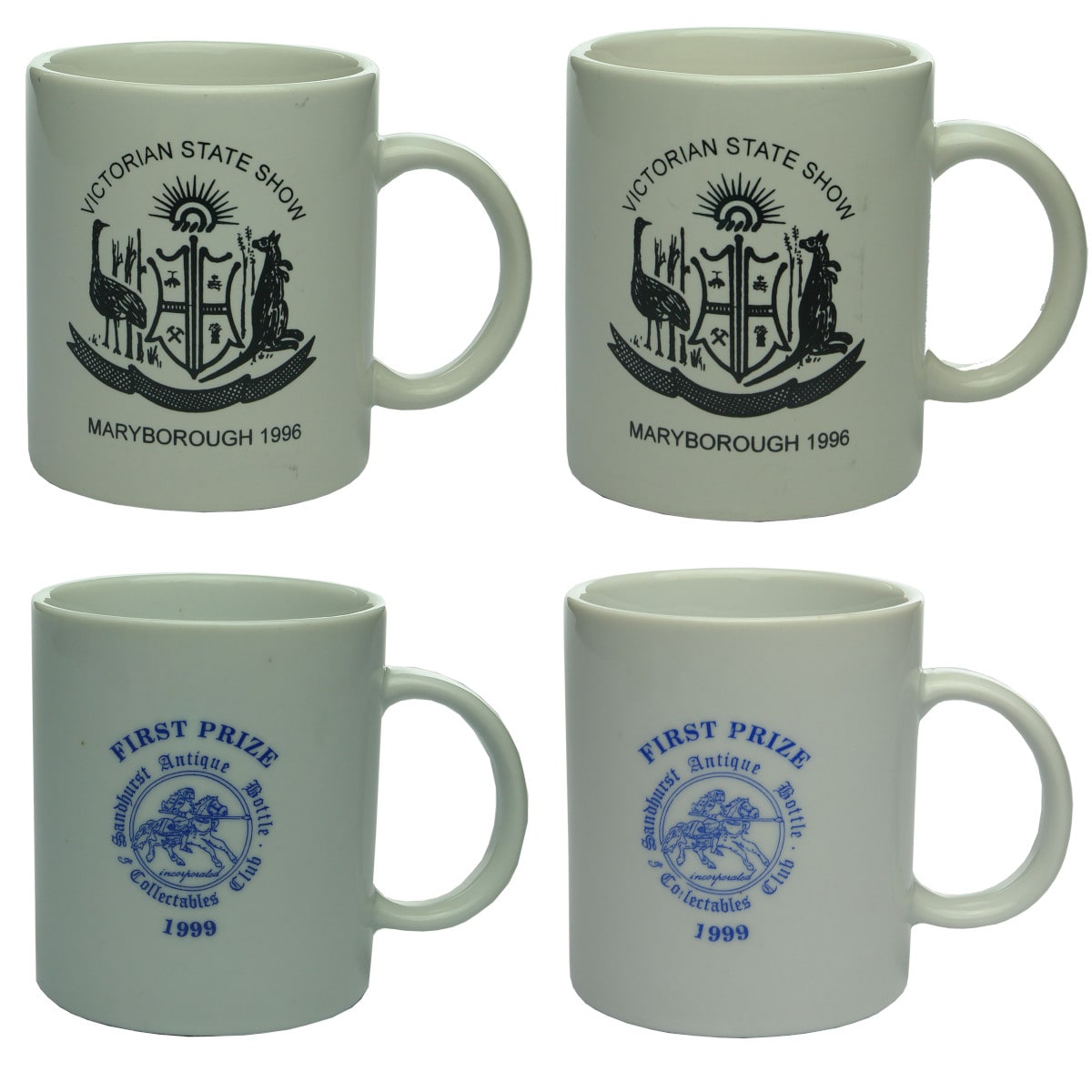 4 Bottle Show Prize Mugs. 2 x Victorian State Show, Maryborough 1996. Coat of Arms. Wm Whittaker & Sons. 2 x Sandhurst Antique Bottle & Collectables Club 1999. Made in China. (Victoria)