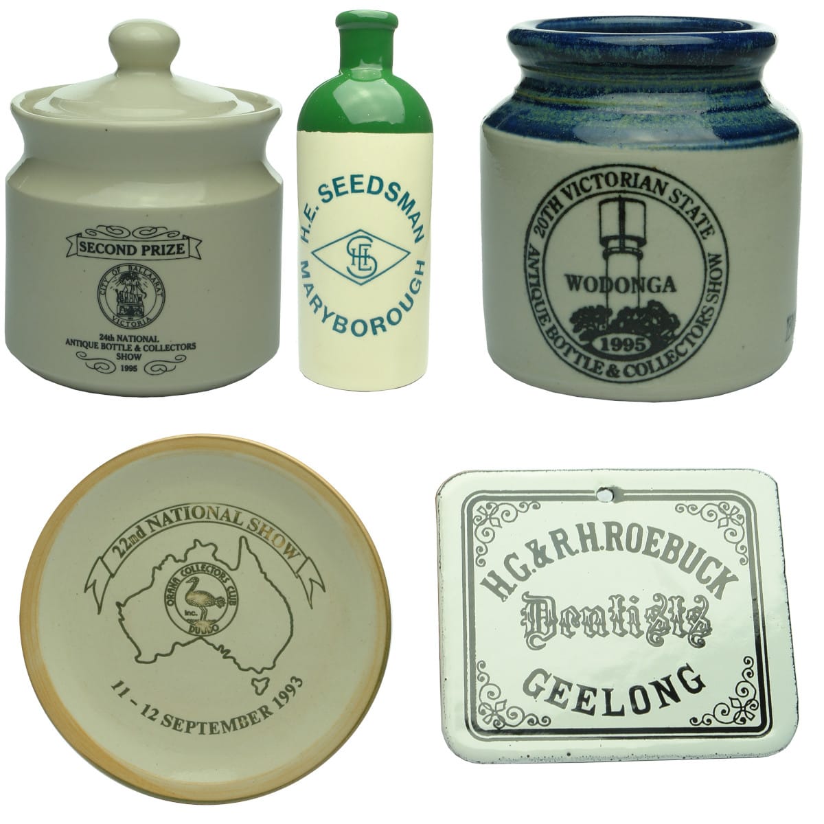 5 Bottle Show Prizes: Ballarat National 1995; Maryborough 1989; Victorian State Show Wodonga 1995; Dubbo 1993; Roebuck enamel "Pot Lid" Geelong.