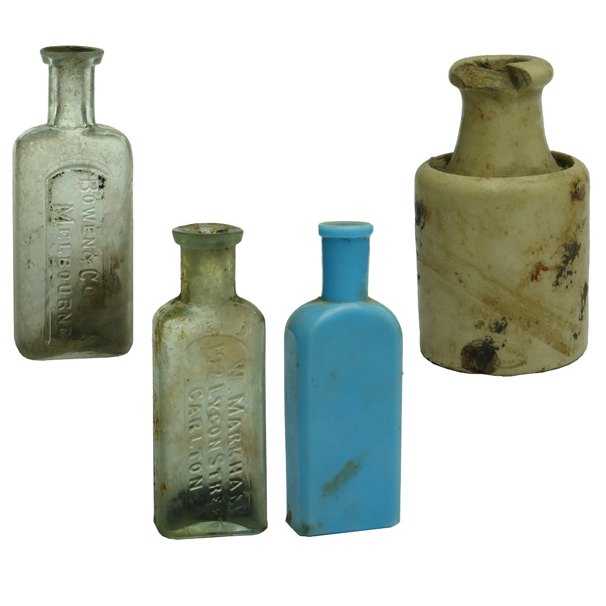 4 Bottles: Bowen & Co Melbourne; W. Markham, Carlton; Blue milk glass bottle; Fulham Pottery non spill ink. (Victoria & elsewhere)