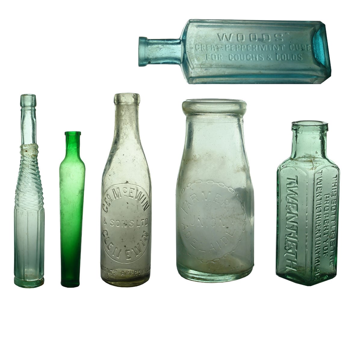 6 Bottles: Whirley Salad Oil; Lavender Water; Glen Ewin sauce; Farmers Union Milk; Woods Peppermint Cure; Twentieth Century bottle.