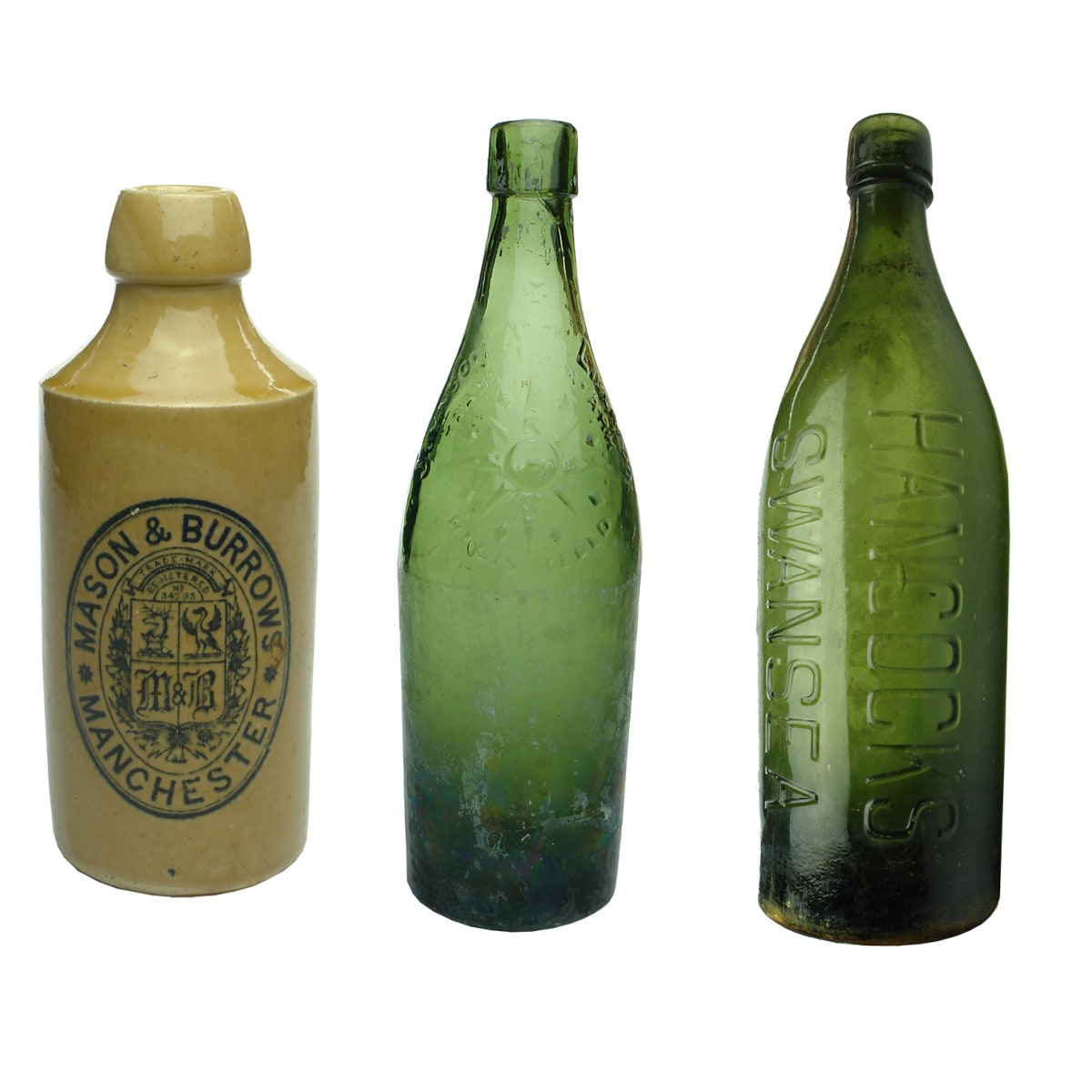 UK Bottles. Mason & Burrows, Manchester, All Tan Dump Ginger Beer; Johnson, Liverpool, green 26 oz beer; Hancocks, Swansea, green 30 oz internal thread beer. (United Kingdom)