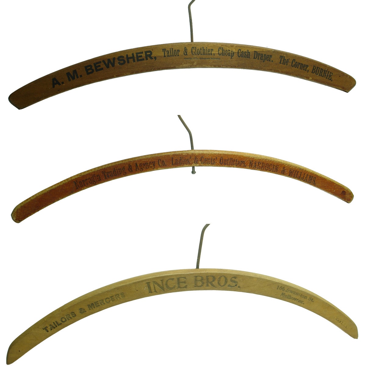 3 Advertising Coat Hangers: Bewsher, Burnie; Narrogin Trading & Agency Co; Ince Bros, Melbourne. (Tasmania, Western Australia & Victoria)