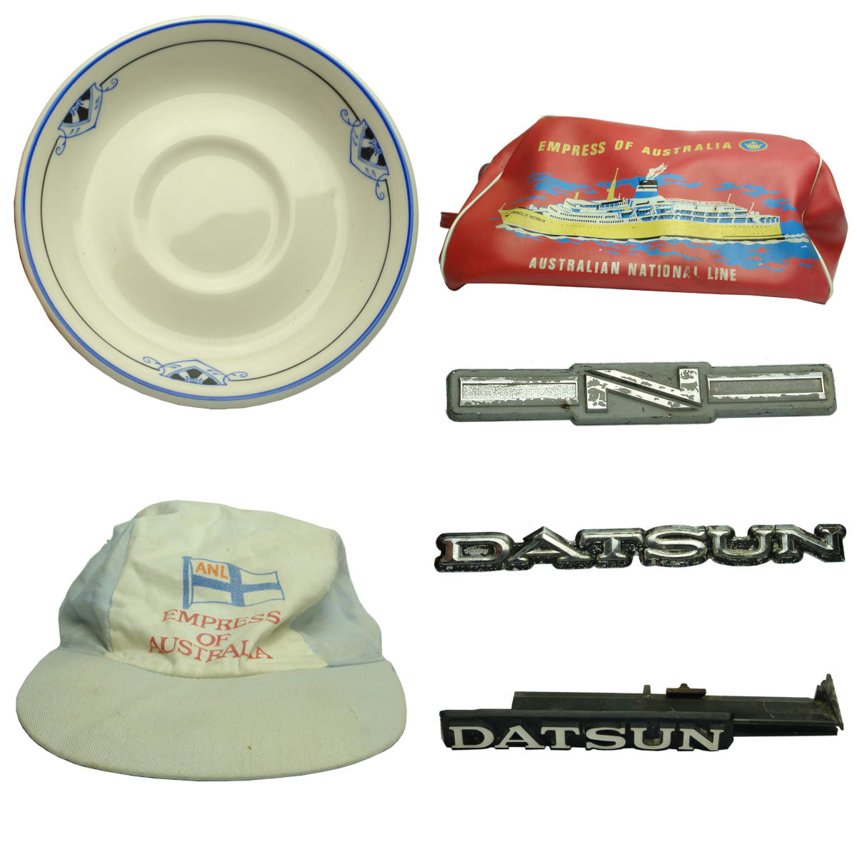 6 Transport Items: Adelaide Steamship Co Saucer; Empress of Australia Bag and Cap; 3 Car Badges, 2 x Datsun & N.