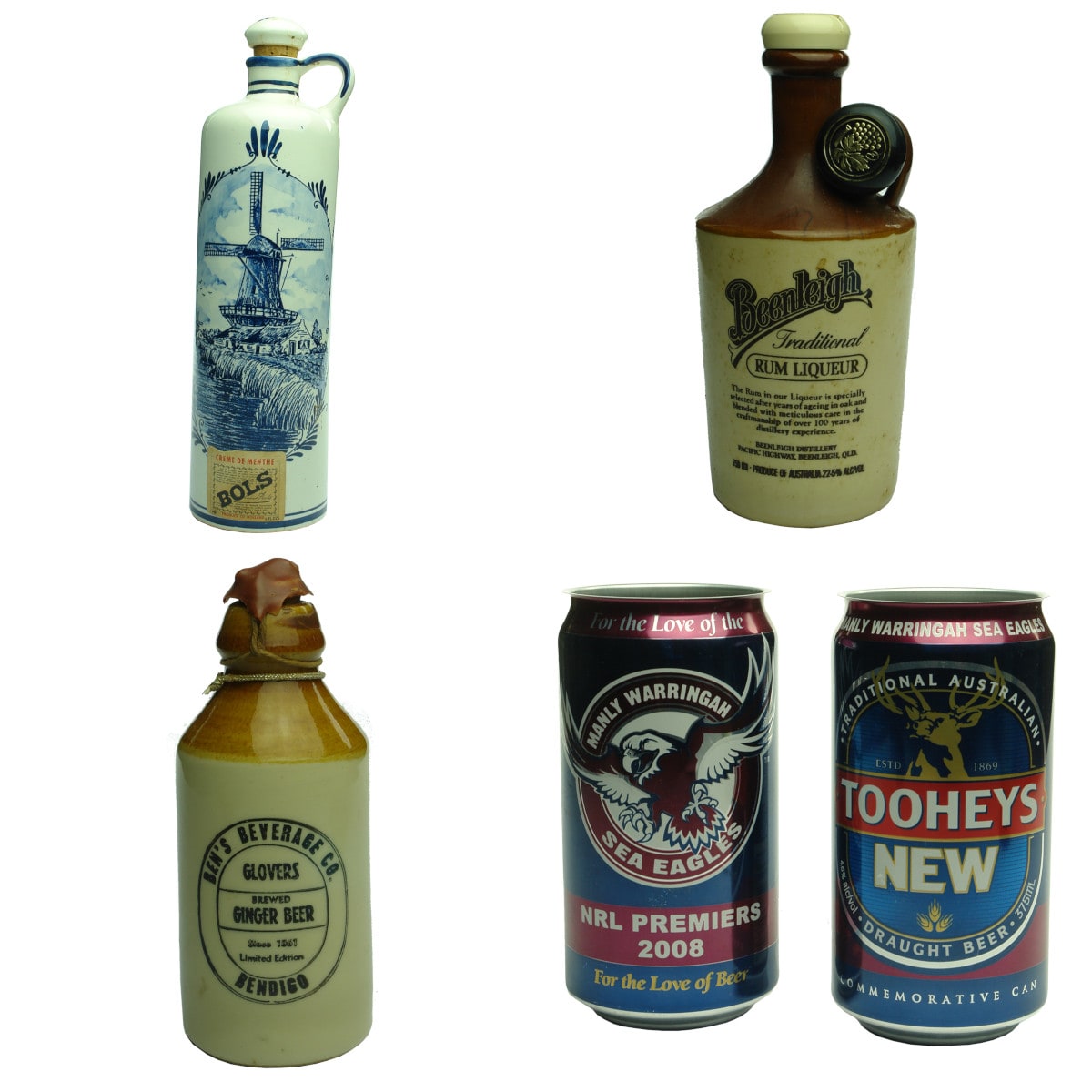 5 Items: Bols Creme de Menthe; Beenleigh Rum; Ben's Ginger Beer; 2 x Manly 2008 Premiers cans.