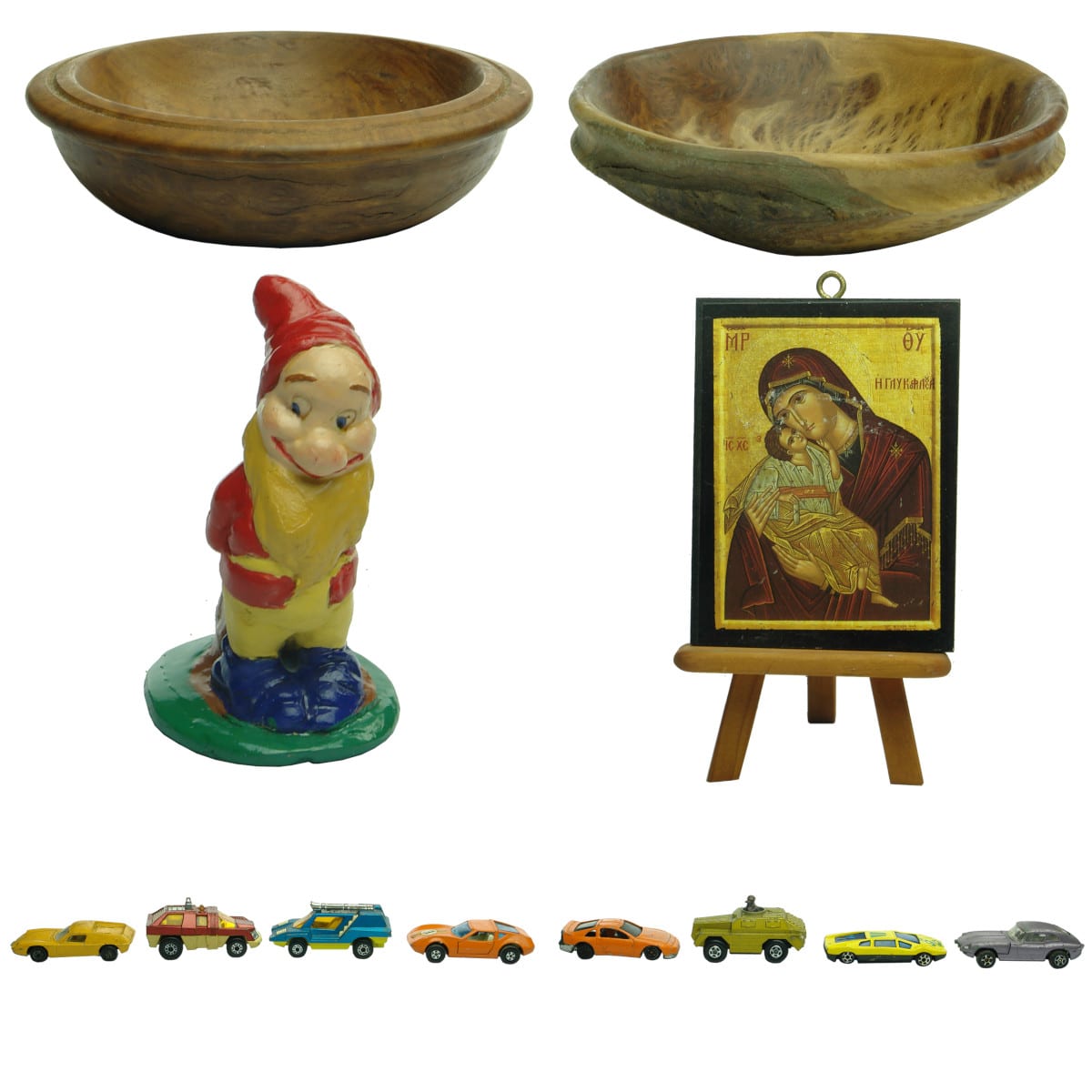 13 Items: 2 wooden bowls; Plaster Gnome; Madonna & Child; Tiny Easel; 8 Toy Cars.