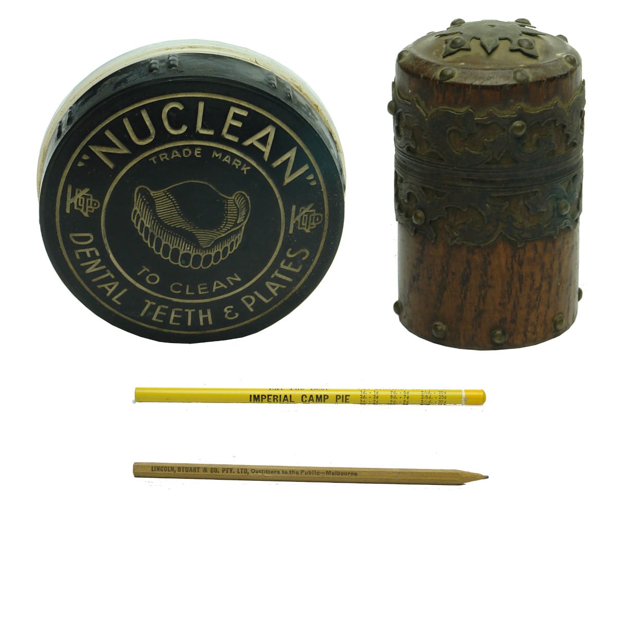 4 Items: Nuclean bakelite pot lid; Treen with metal trim; 2 Advertising pencils, Imperial Camp Pie and Lincoln Stuart Melbourne.