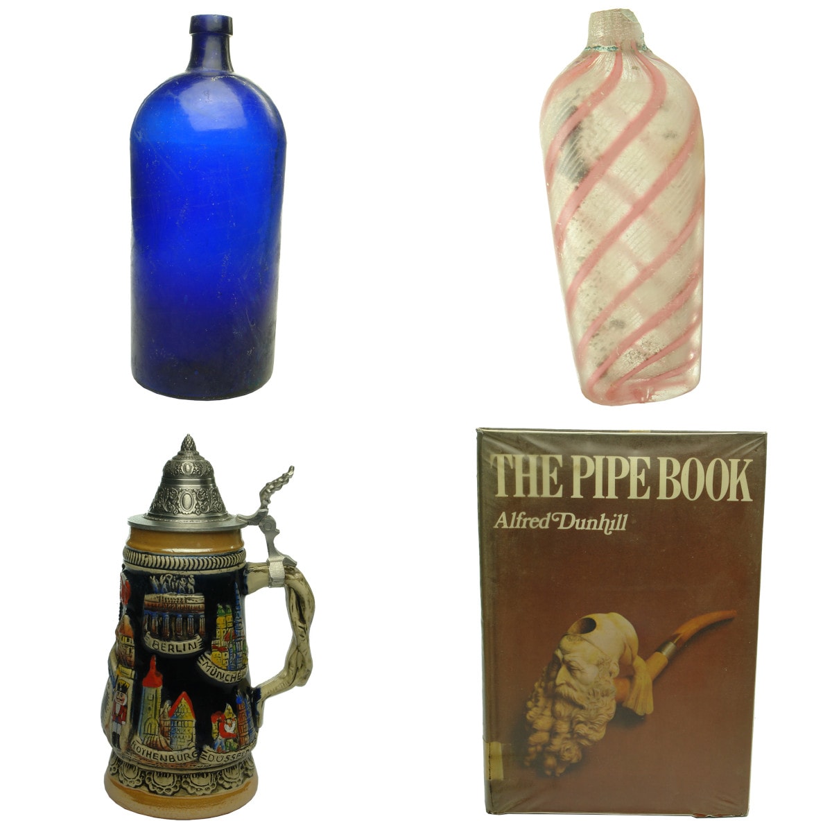 4 Items: Large blue pharmacy jar; Fancy perfume; Handpainted German Beer Stein; The Pipe Book by Alfred Dunhill.