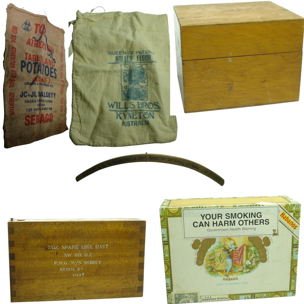 6 Items: Atherton Tablelands Potatoes Bag; Willis Bros Kyneton Flour Bag; PMG Box; Plain wooden box; Cigar box with empty cigar tubes; Coat Hanger Duncalfe & Co Sydney.