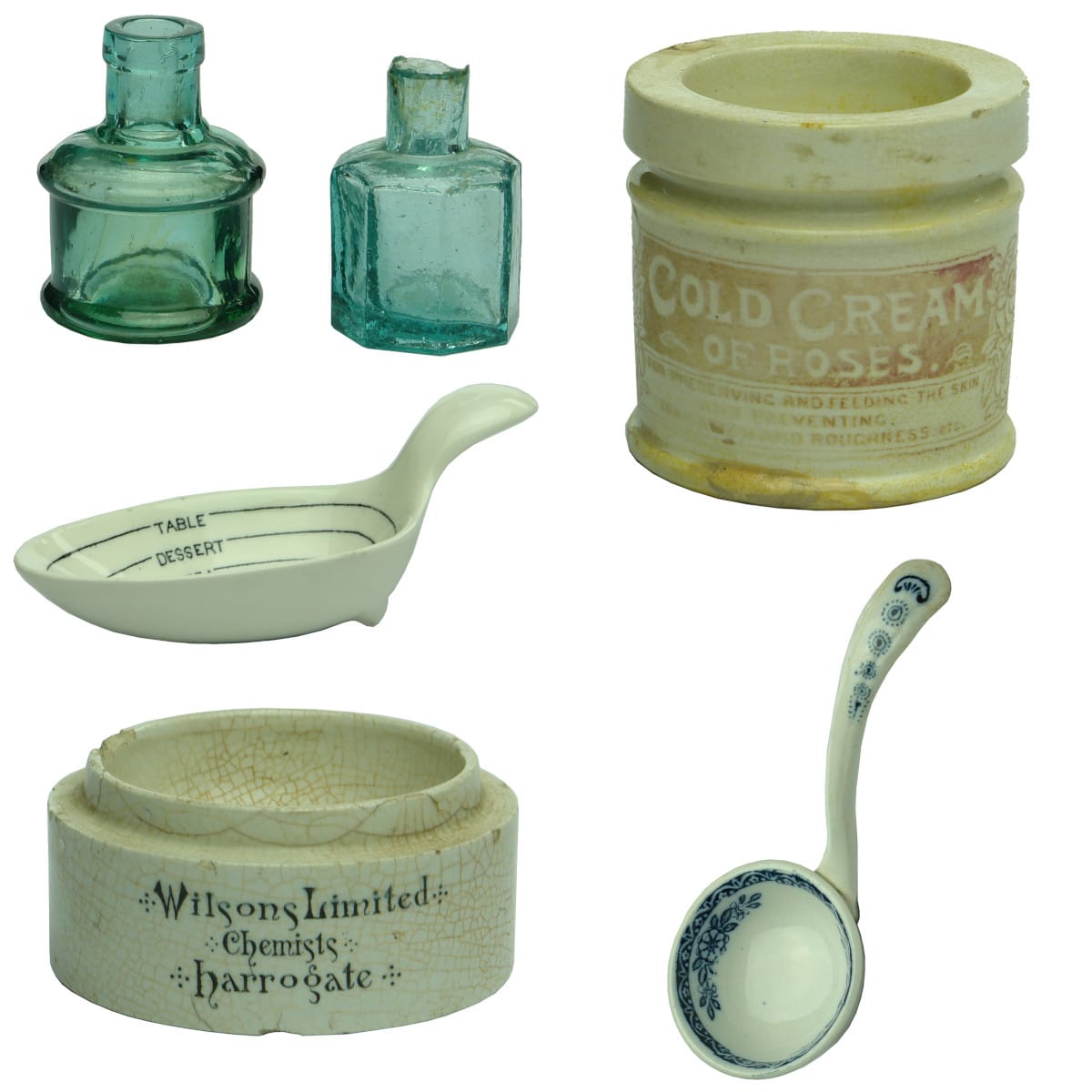 6 Items: 2 glass inks; Cold Cream pot; Ceramic measuring spoon; Small ceramic ladle; Wilsons Harrogate chemist pot.