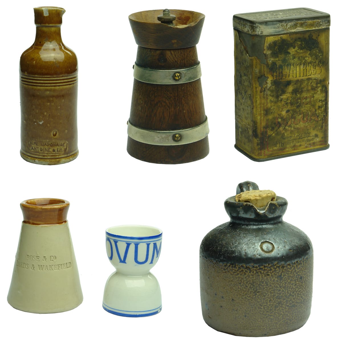 6 Items: Ink; Cream Pot; Egg Cup; Jug; Pepper Grinder; Cocoa Tin.