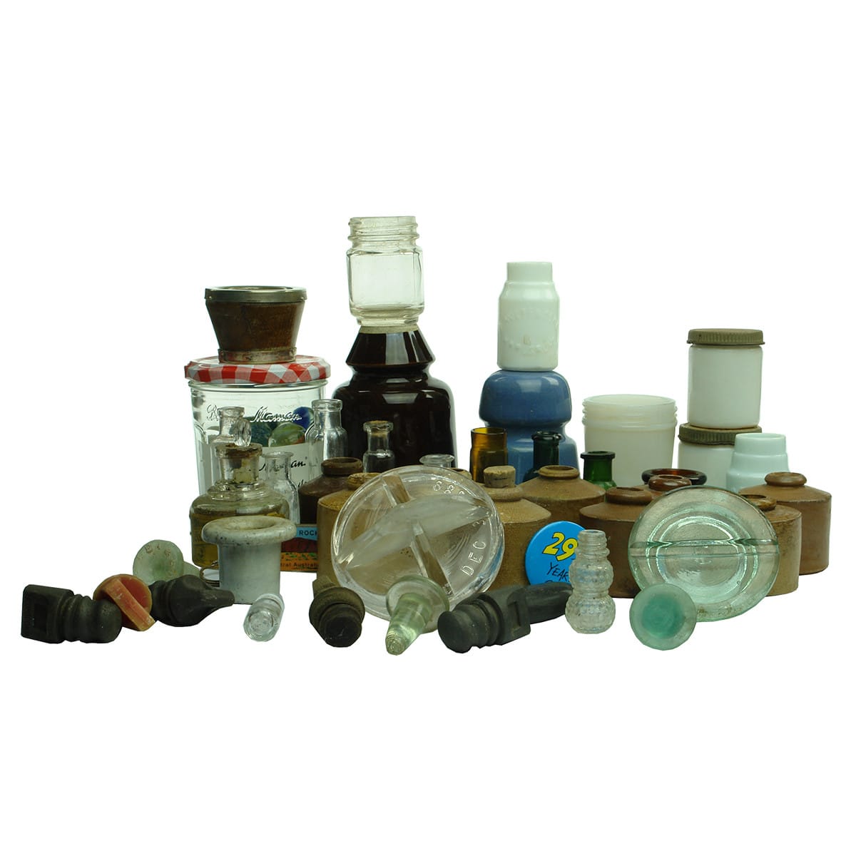 More than 20 items! Inks; Stoppers; Milk Glass; Insulators; Marbles. Some interesting bits!