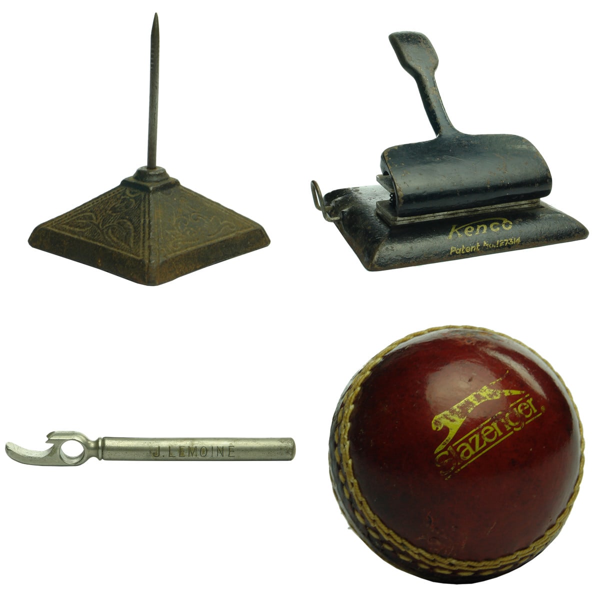 4 Items: Cast Iron Bill Spike; Kenco Hole Punch; Lemoine, Champagne Corkscrew; Small Slazenger Cricket Ball.