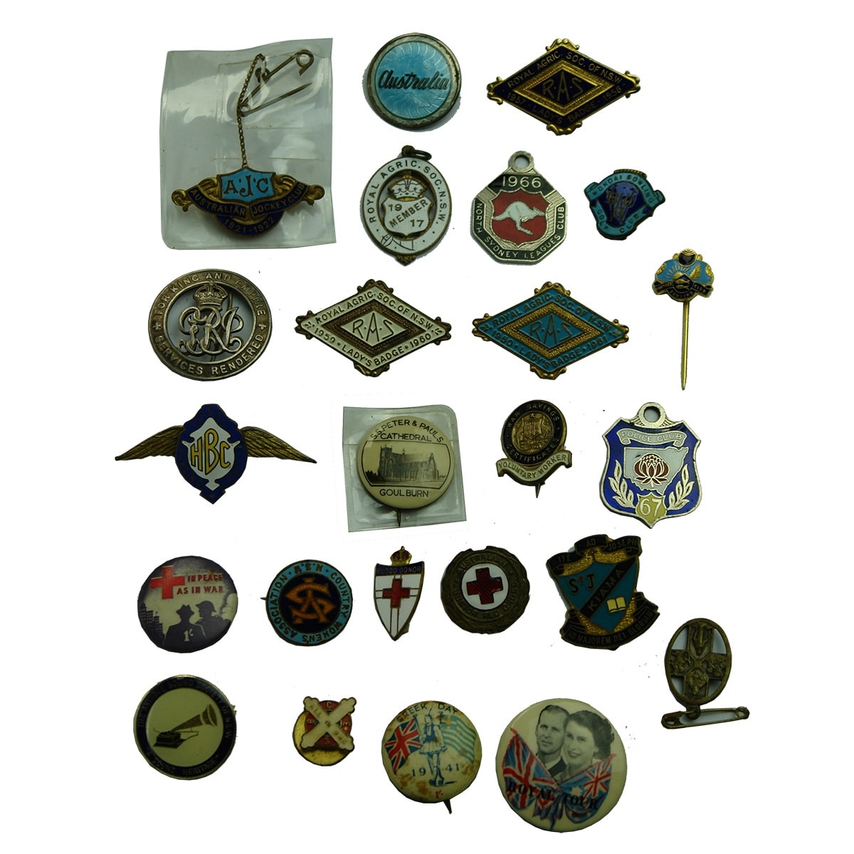 24 Badges. Enamel mostly. Royal Agricultural Society. Silver for King and Empire; Australian Jockey Club 1921; and more.