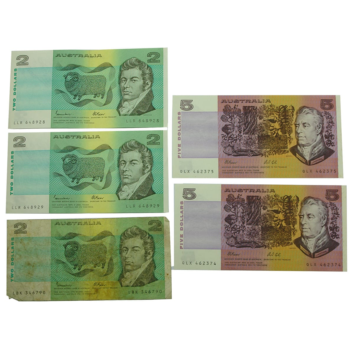 Numismatics. 5 Banknotes. Two consecutive $5 notes (Fraser/Cole) and three $2 notes (two consecutive) (Johnston/Fraser).