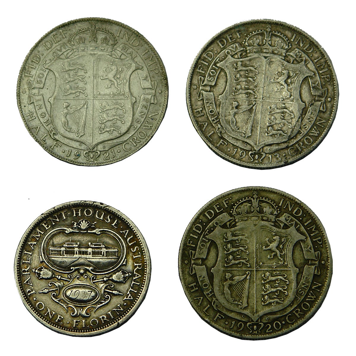 Numismatics. 4 Coins. 3 British Half Crowns (1921, 1913 and 1920) and a commemorative Australian Florin (Parliament House, 1927).