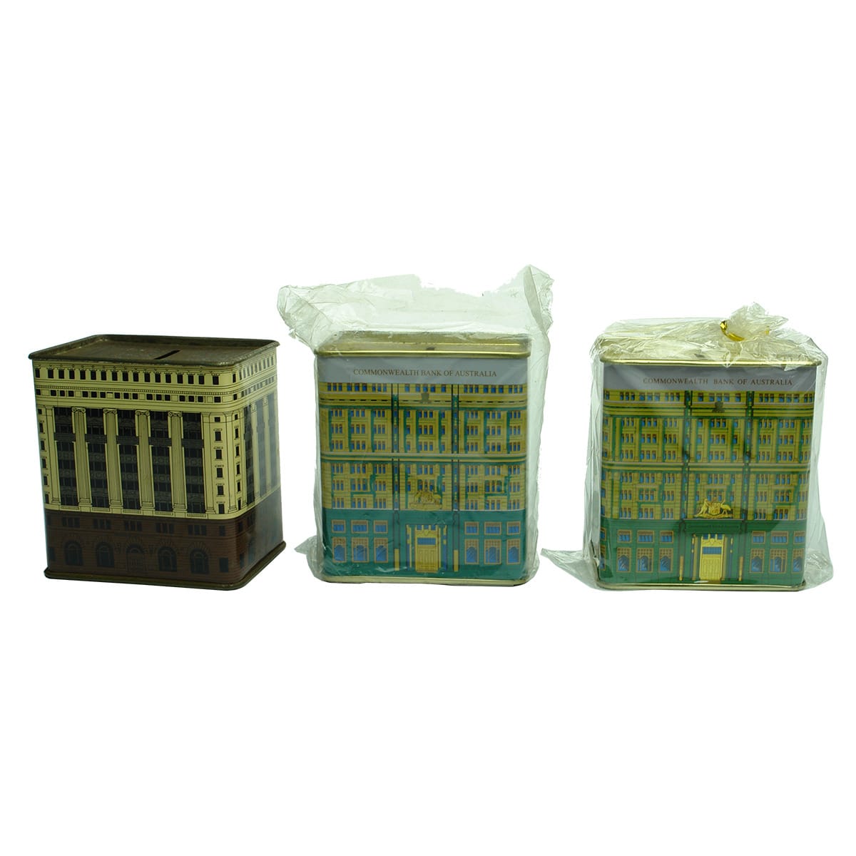 Three Money Boxes. All Commonwealth Bank tins Building replicas. Different colours.